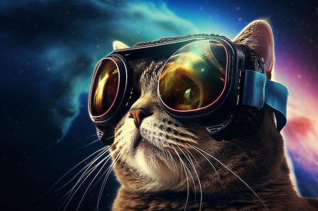 Cat in VR glasses in space