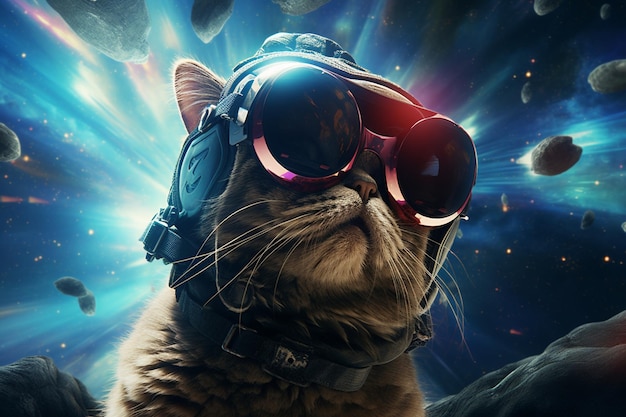 宇宙で VR メガネをかけた猫