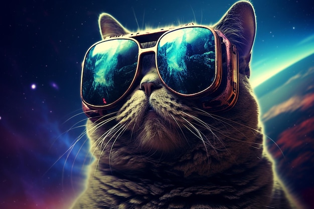 Cat in VR glasses in space