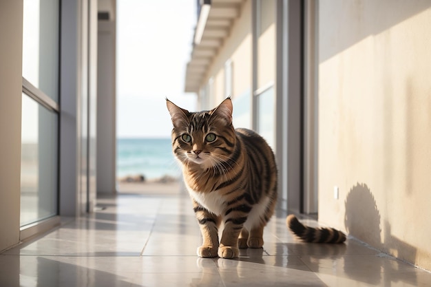 Кот ждет, пока хозяин останется в коридоре на фоне моря