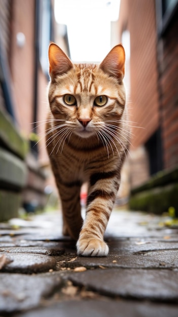 Кошка идет по аллее с домами из красного кирпича с низким углом обзора