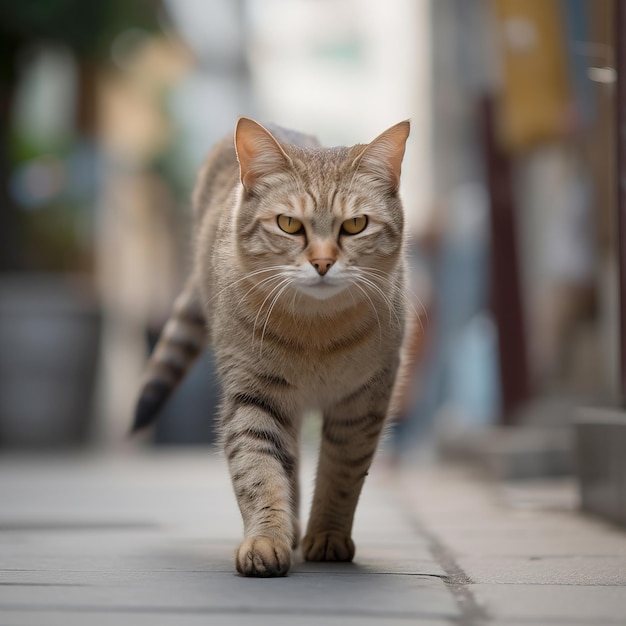 A cat walking down a sidewalk with a sign that says " no. 1 " on it.