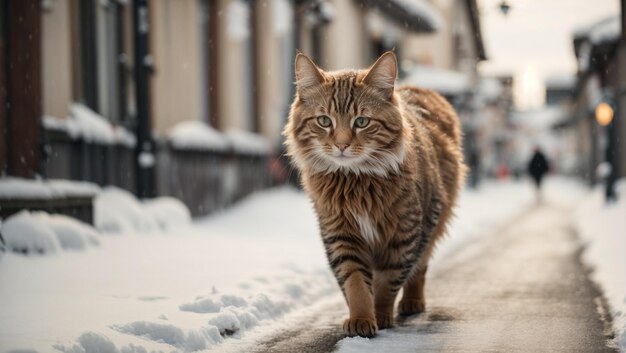 cat walking down the snowy street in winter