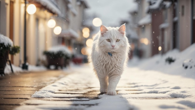겨울 눈 덮인 거리를 걷는 고양이