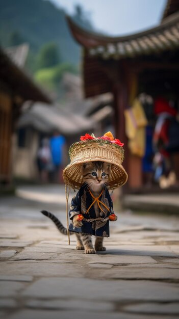 A cat walking down a street wearing a hat and a basket of flowers.