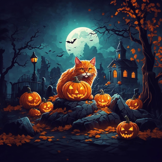 Cat walking in the graveyard scary Halloween moonlight night 3