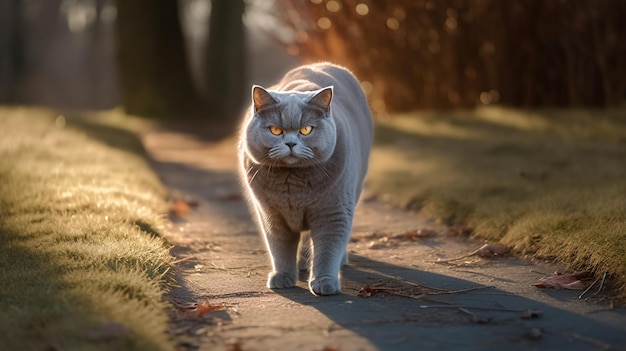 夕方の小道を歩く猫