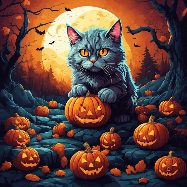 Cat walking in the scary halloween moonlight night 1