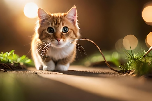 A cat walking on a sidewalk with a string in its mouth