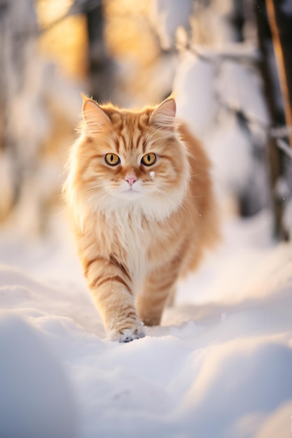 a cat walking in the snow in the woods