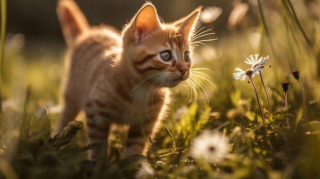 A cat walking through a field of dandelions