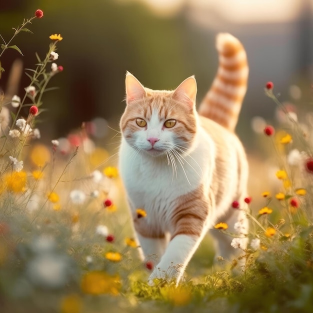 A cat walking through a field of flowers