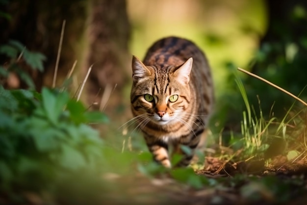 a cat walking through the grass in the woods