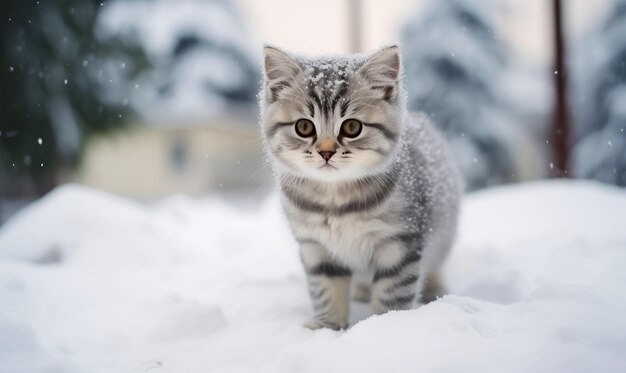 A cat walking through the snow in the daytime