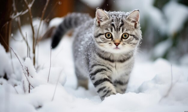 A cat walking through the snow in the woods