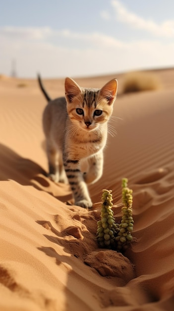 A cat walks in the desert.