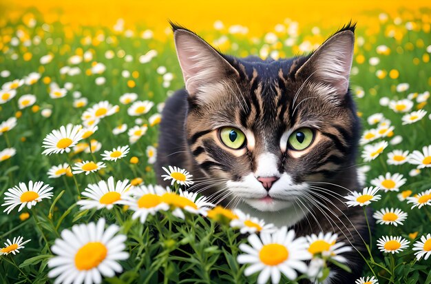 A cat walks in a field with daisies Generative AI