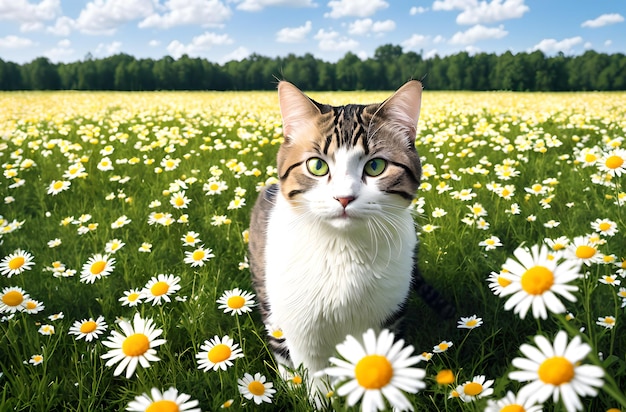 A cat walks in a field with daisies Generative AI