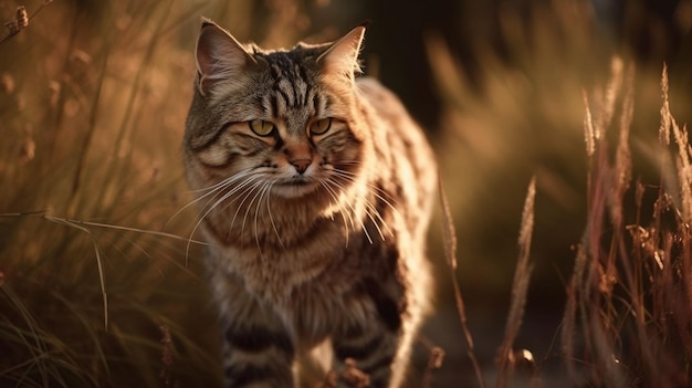 夕方、猫が草むらを歩く。