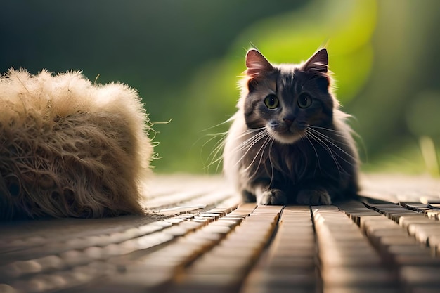 보송보송한 꼬리를 가진 산책로의 고양이