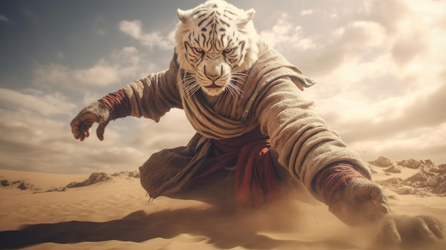 Cat Warrior in woestijn HD 8K wallpaper achtergrond Stock Fotografie Beeld