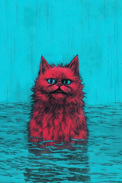 a cat in water with a blue background