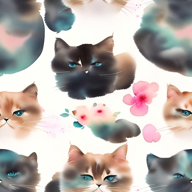 Cat watercolor seamless background Collage contemporary shapes seamless pattern set design for paper cover fabric interior decorgenerative ai illustration art