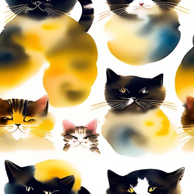 고양이 수채화 원활한 배경 콜라주 현대 모양 종이 커버 패브릭 인테리어 decorgenerative ai 일러스트 아트에 대 한 완벽 한 패턴 세트 디자인