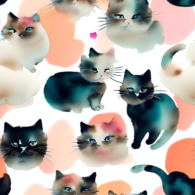 猫水彩シームレスな背景コラージュ現代的な形状のシームレスなパターン セット デザイン紙カバー生地インテリア装飾生成 ai イラスト アート