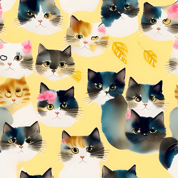 Cat watercolor seamless background Collage contemporary shapes seamless pattern set design for paper cover fabric interior decorgenerative ai illustration art