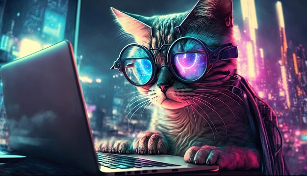 Photo cat wear glasses working laptop neon color ai generate