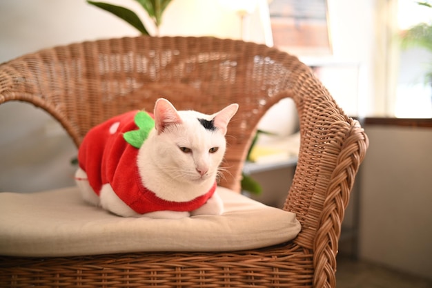 Cat wear red shirt on the chair