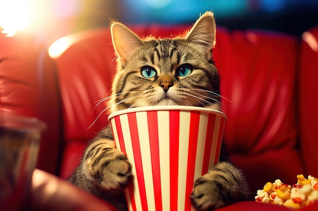 Cat wearing 3D glasses watching movie and holding popcorn