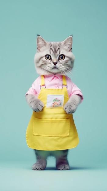 A cat wearing a apron that says'cat cafe'on it