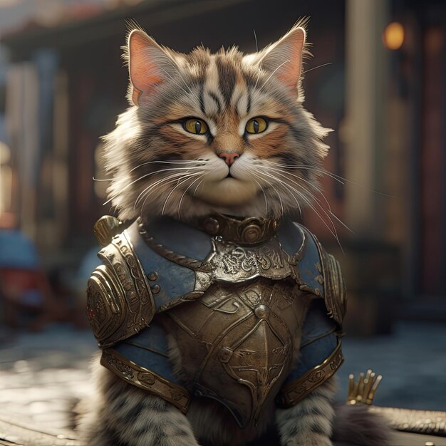 A cat wearing an armor dress