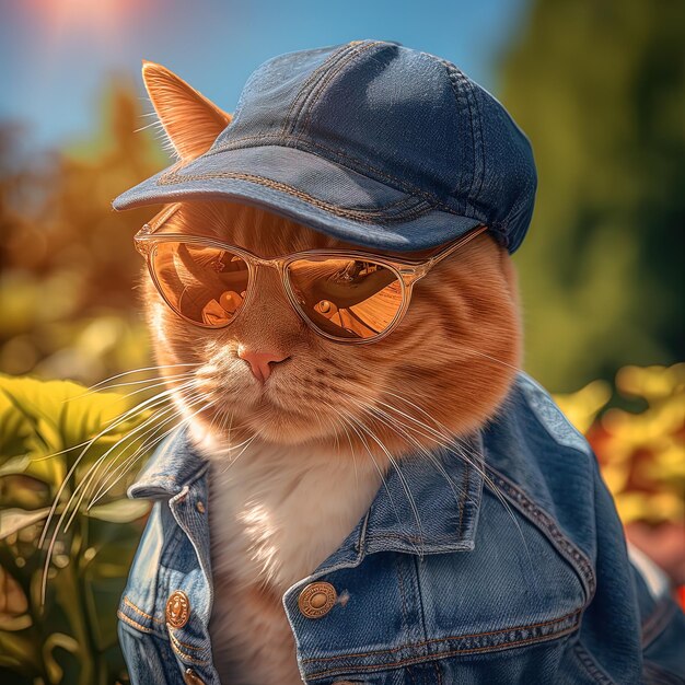 A cat wearing a blue hat and sunglasses is wearing a blue jacket