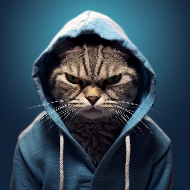 a cat wearing a blue hoodie that says quot the name of the cat quot