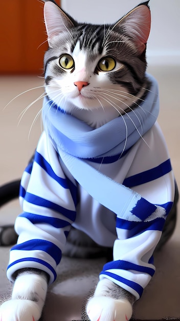 Cat wearing blue and white stripes sweater clothes