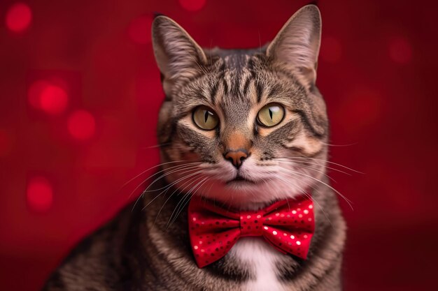 A cat wearing a bow tie with red glitter on it