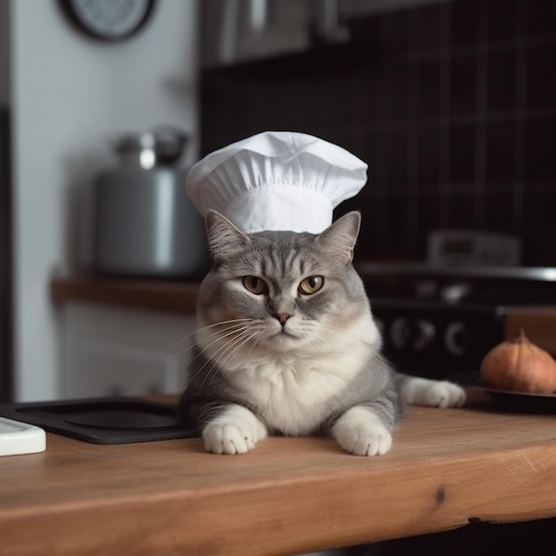 A cat wearing a chef hat sits on a kitchen counter.