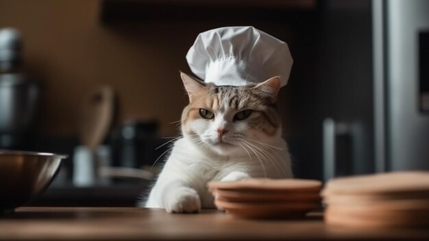 A cat wearing a chef hat stands on a counter.