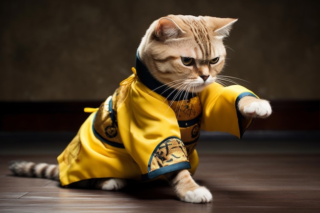 A cat wearing a chinese kimono