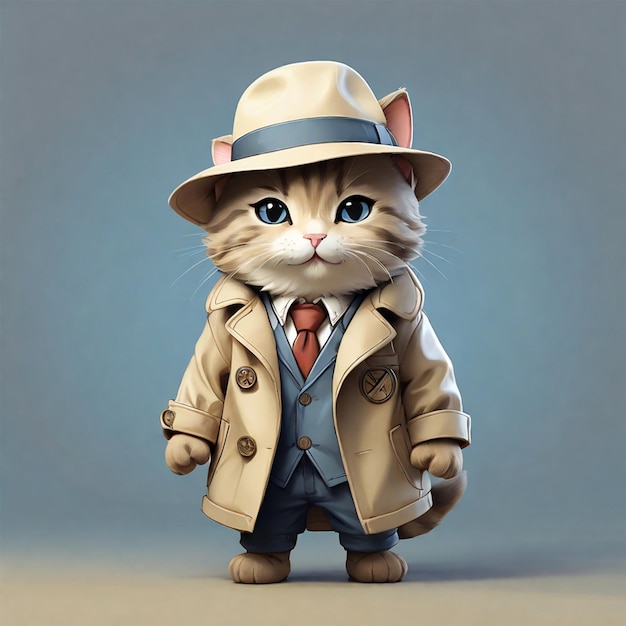 a cat wearing a coat and hat stands in front of a blue background