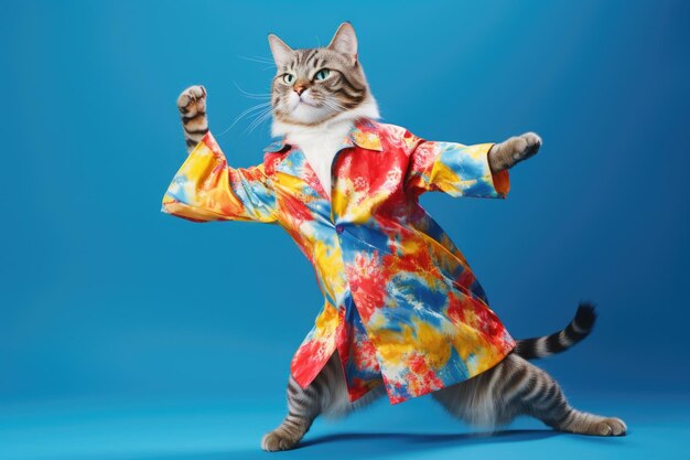 Photo cat wearing colorful clothes dancing on the red background