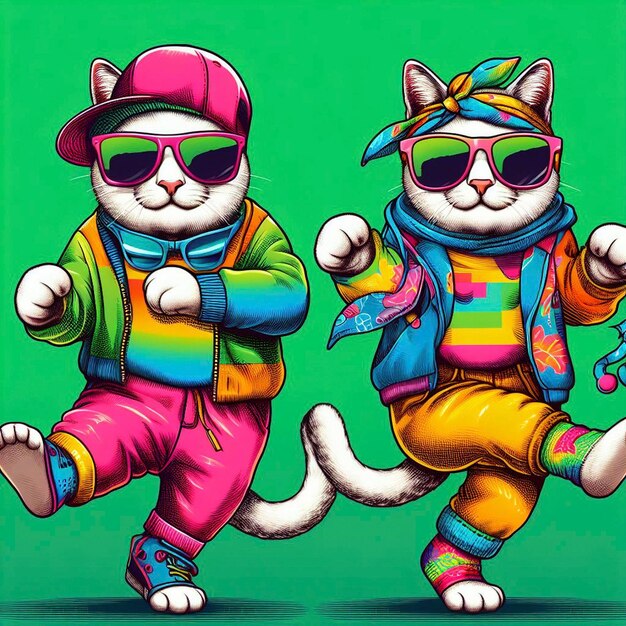 Cat wearing colorful clothes and sunglasses dancing on the green background