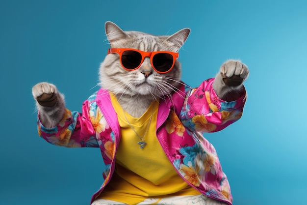 Cat wearing colorful clothes and sunglasses dancing on the green background