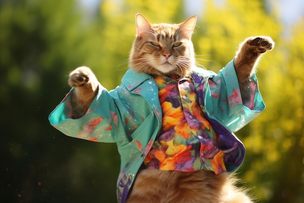 Cat wearing colorful clothes and sunglasses dancing on the pastel background