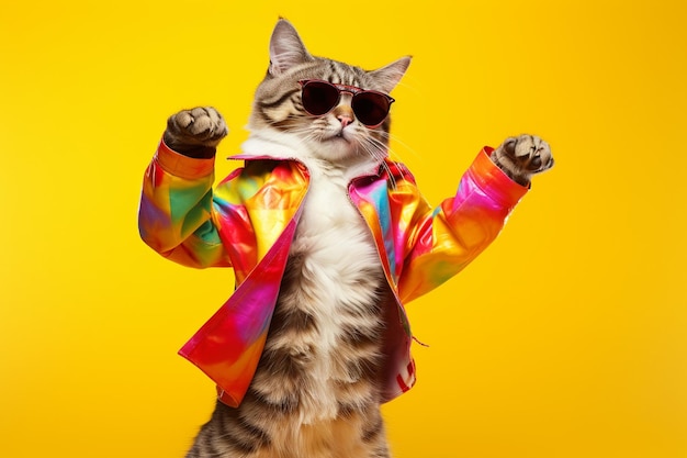 Cat wearing colorful clothes and sunglasses dancing on the pastel background