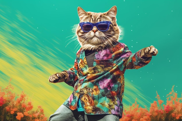 Cat wearing colorful clothes and sunglasses dancing on the pastel background