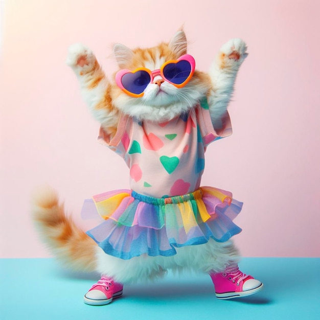 Photo cat wearing colorful clothes and sunglasses dancing on the pastel background